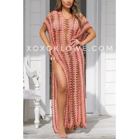 Love Sense Coral & Brown V Neck Crochet Coverup Maxi Dress